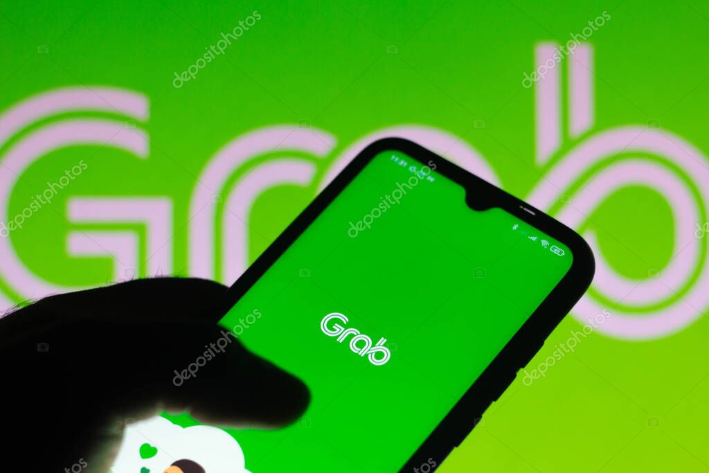 April 14, 2021, Brazil. In this photo illustration the Grab Holdings logo seen displayed on a smartphone screen