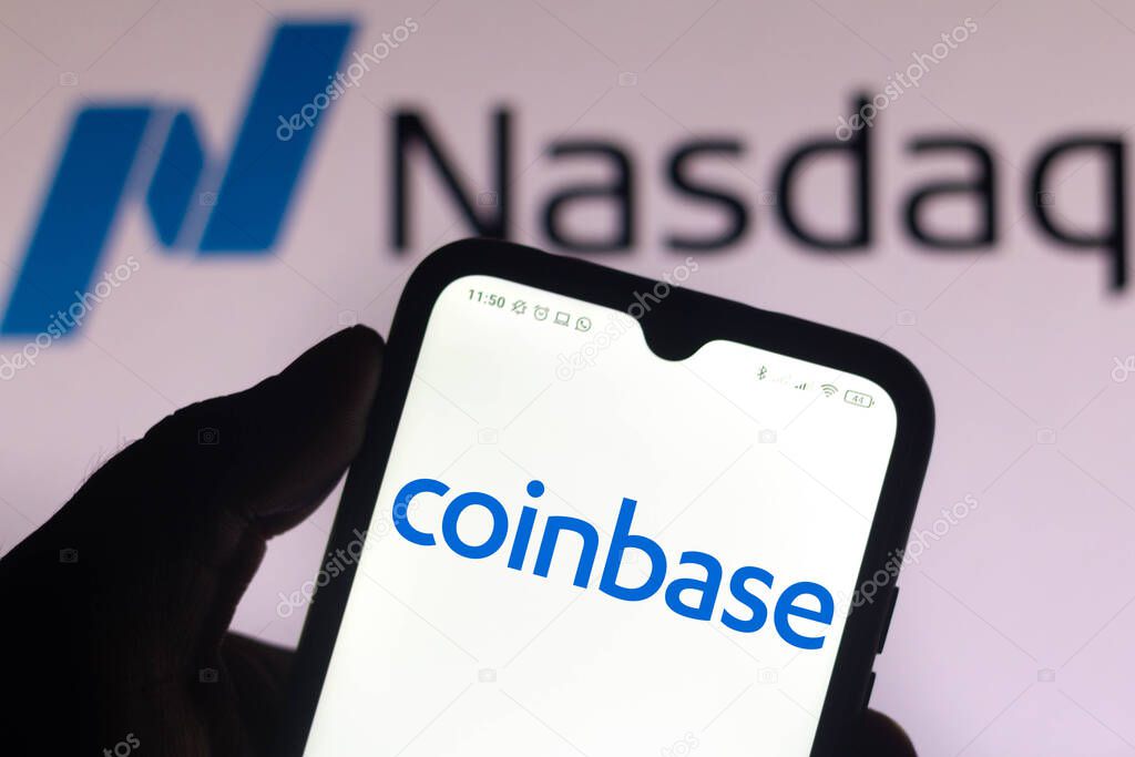 April 14, 2021, Brazil. In this photo illustration the Coinbase logo seen displayed on a smartphone screen with the logo of Nasdaq in the background