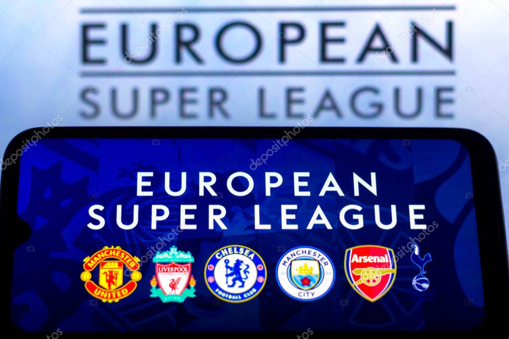 April 20, 2021, Brazil. In this photo illustration the football teams that are part of the European Super League (Manchester United, Liverpool, Chelsea, Manchester City, Arsenal and Tottenham) seen displayed on a smartphone screen