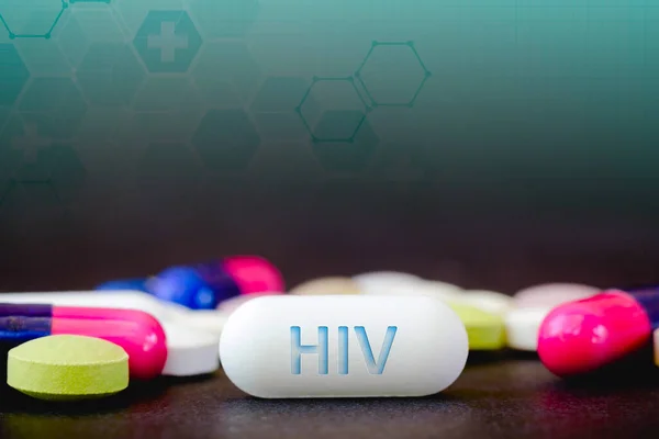 Photo Illustration Pills Pharmaceutical Drugs Various Colors Text Hiv One — Stock Photo, Image