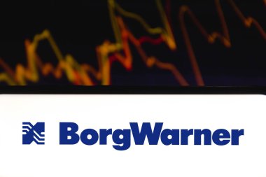 June 14, 2021, 2021, Brazil. In this photo illustration a BorgWarner logo seen displayed on a smartphone with the stock market information in the background clipart