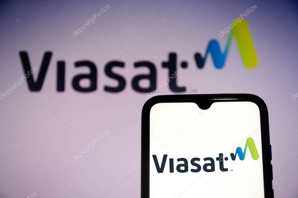 June 16, 2021, Brazil. In this photo illustration an ViaSat logo seen on a smartphone screen and in the background