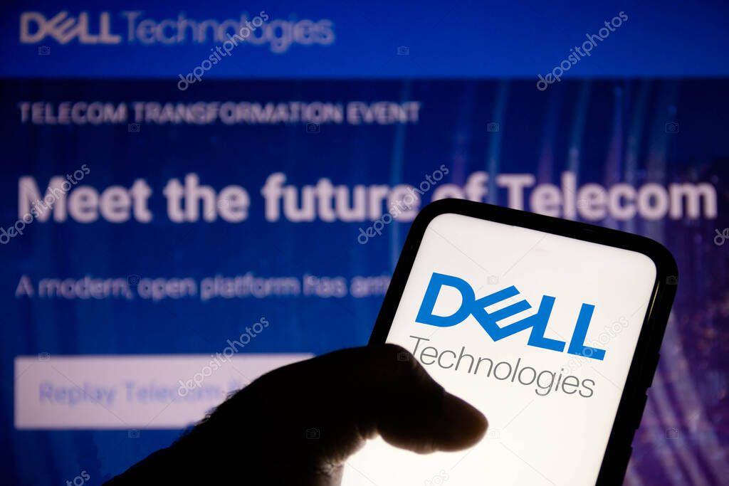 June 16, 2021, Brazil. In this photo illustration the Dell Technologies logo seen on a smartphone screen and in the background