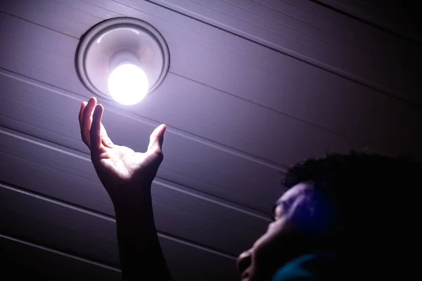 June 2021 Brazil Illustration Man Changes His House Light Bulb — Stock Photo, Image