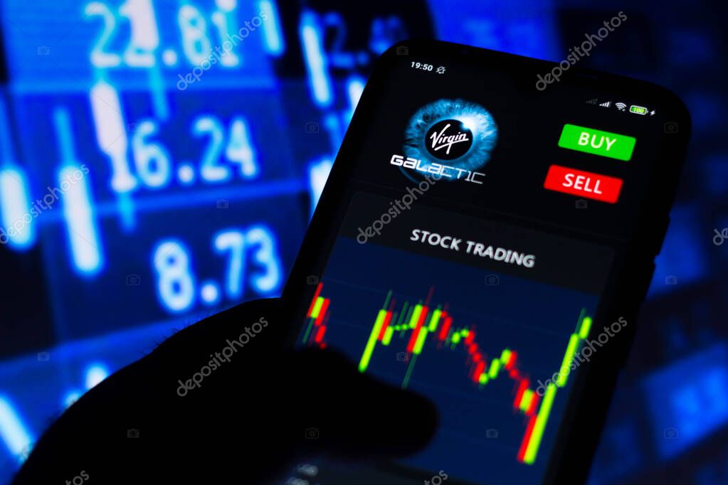 July 15, 2021, Brazil. In this photo illustration the Virgin Galactic logo seen on a smartphone screen with stock trading