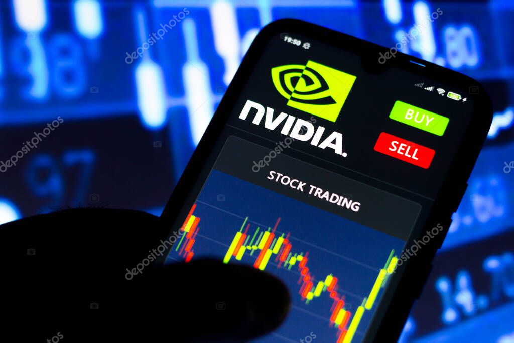 July 15, 2021, Brazil. In this photo illustration the Nvidia Corporation logo seen on a smartphone screen with stock trading