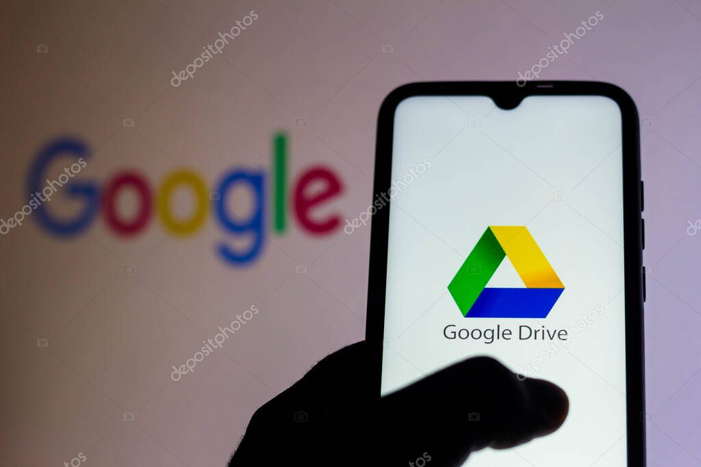July 27, 2021, Brazil. In this photo illustration the Google Drive logo seen displayed on a smartphone
