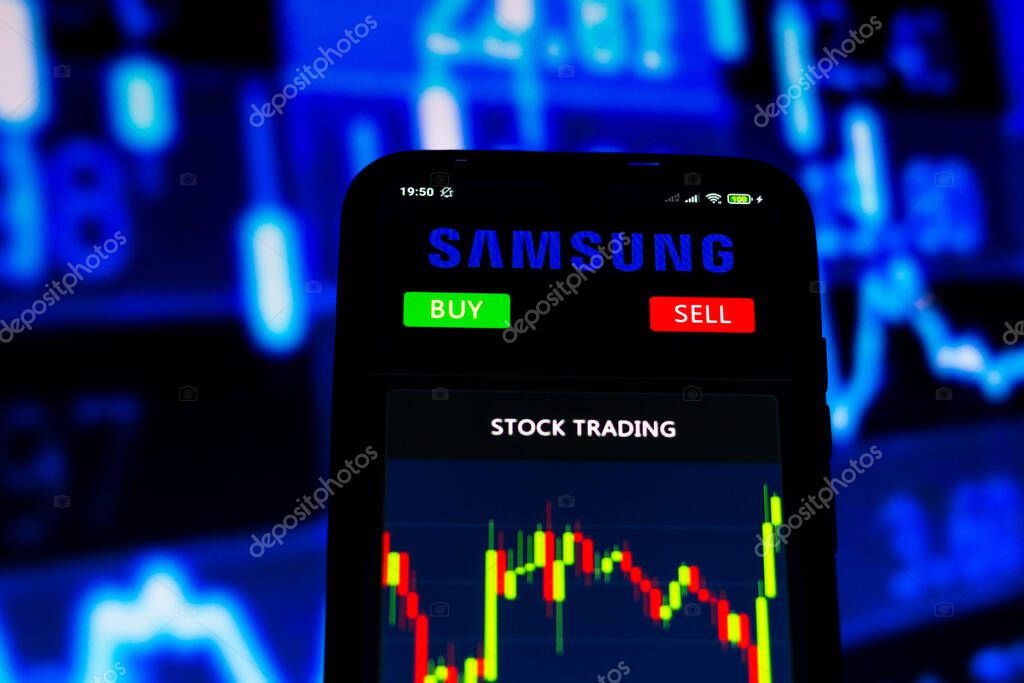 August 2, 2021, Brazil. In this photo illustration the stock trading graph of Samsung Electronics seen on a smartphone screen