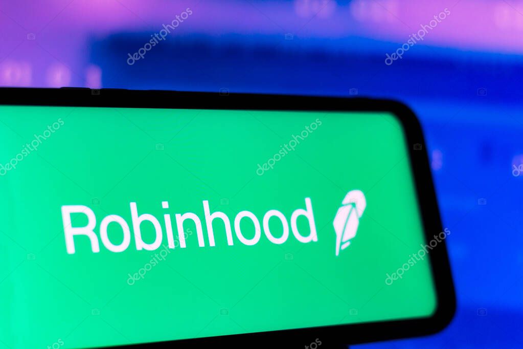 August 5, 2021, Brazil. In this photo illustration the Robinhood Markets logo seen displayed on a smartphone
