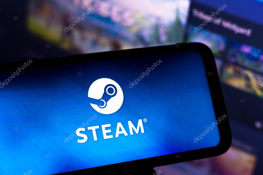 August 5, 2021, Brazil. In this photo illustration the Steam logo seen displayed on a smartphone