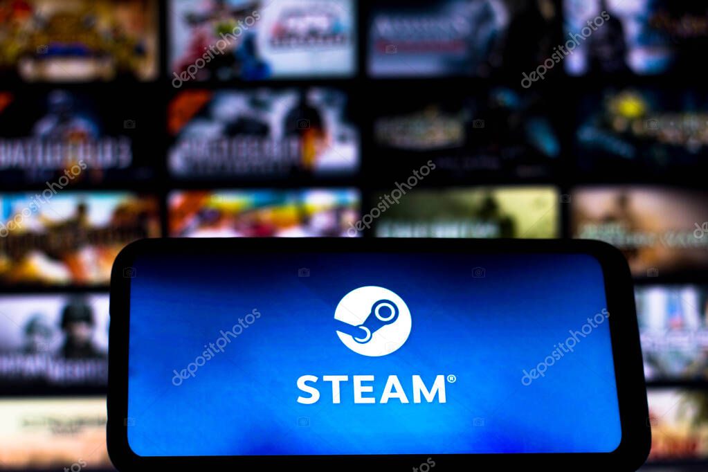 August 5, 2021, Brazil. In this photo illustration the Steam logo seen displayed on a smartphone