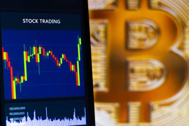 7 Ağustos 2021, Brezilya. Bu resimde hisse senedi alım-satım grafiği akıllı bir telefondan gösteriliyor. Arka planda, bir bitcoin şifreleme birimi görüntülenir