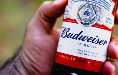 11 Ağustos 2021, Brezilya. Budweiser birası tutan bir adam. 1876 'da kurulan AB InBev tarafından üretilen uzun bir Amerikan birasıdır.