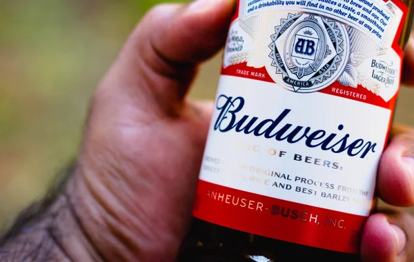 Augusti 2021 Brasilien Man Som Håller Flaska Budweiser Det Lång — Stockfoto