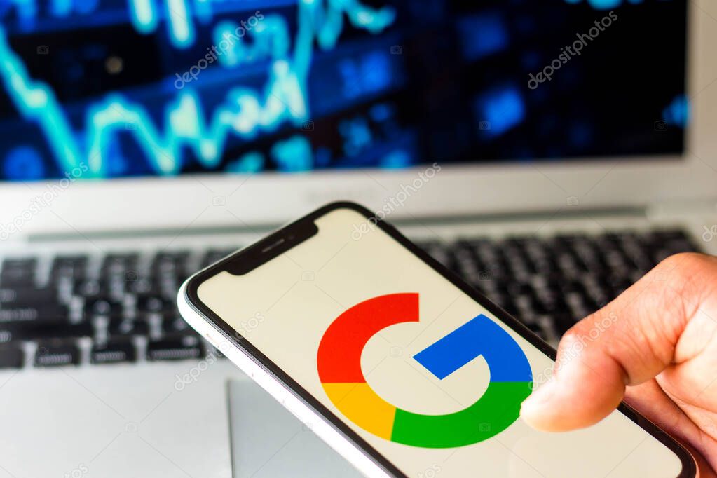 September 1, 2021, Brazil. In this photo illustration the Google logo seen displayed on a smartphone
