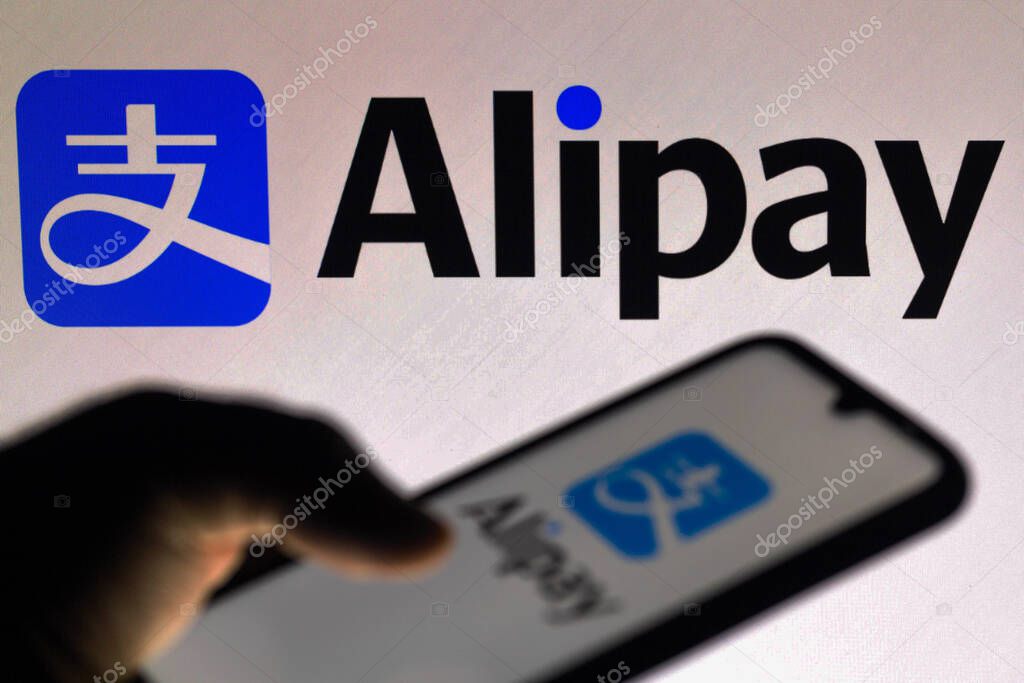 September 13, 2021, Brazil. In this photo illustration the Alipay logo seen displayed on a smartphone