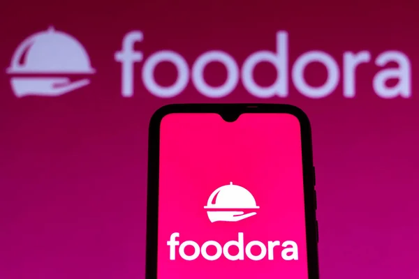 September 2021 Brazil Photo Illustration Foodora Logo Seen Displayed Smartphone — 스톡 사진
