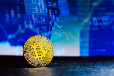 15 Eylül 2021, Brezilya. Bu resimde, arka planda bir borsa grafiği olan bir Bitcoin sergilenmektedir.