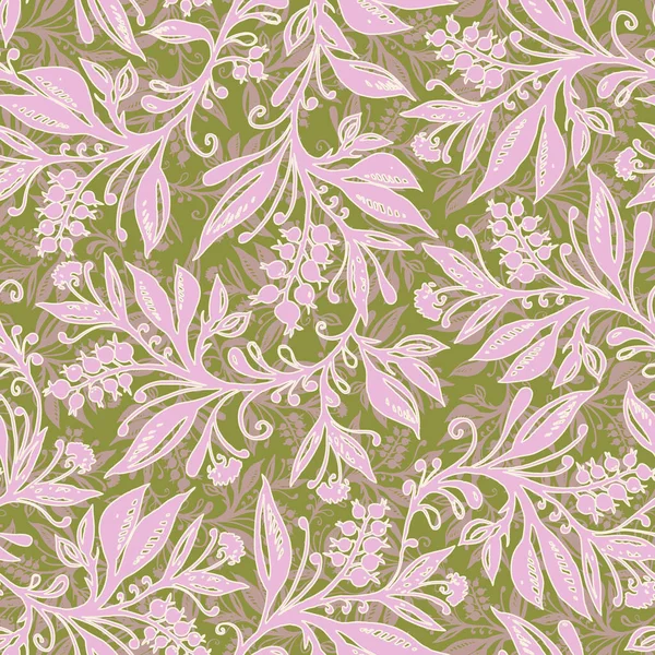 Motif floral sans couture avec des feuilles et des baies aux couleurs vert chartreuse, rose, crème et taupe — Image vectorielle