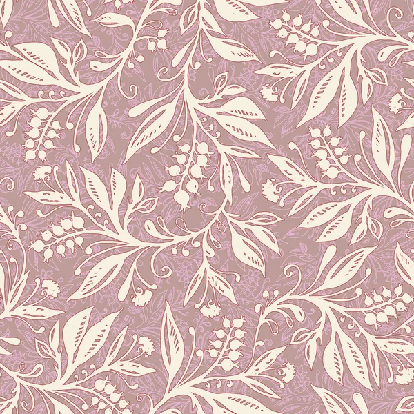Motif floral sans couture avec des feuilles et des baies aux couleurs vert chartreuse, rose, crème et taupe — Image vectorielle