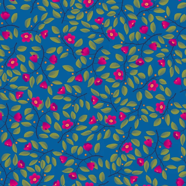 Floraler Hintergrund - nahtloses Muster, Zweige mit Blättern und leuchtenden magentafarbenen Blüten auf blauem Grund — Stockvektor