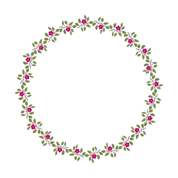 Květinový izolovaný vektorový věnec, větve s listy a jasně fialové květy na bílém — Stockový vektor