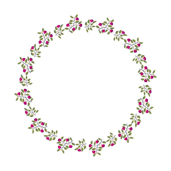 Květinový věnec, větve s listy a jasně fialové květy na bílém — Stockový vektor