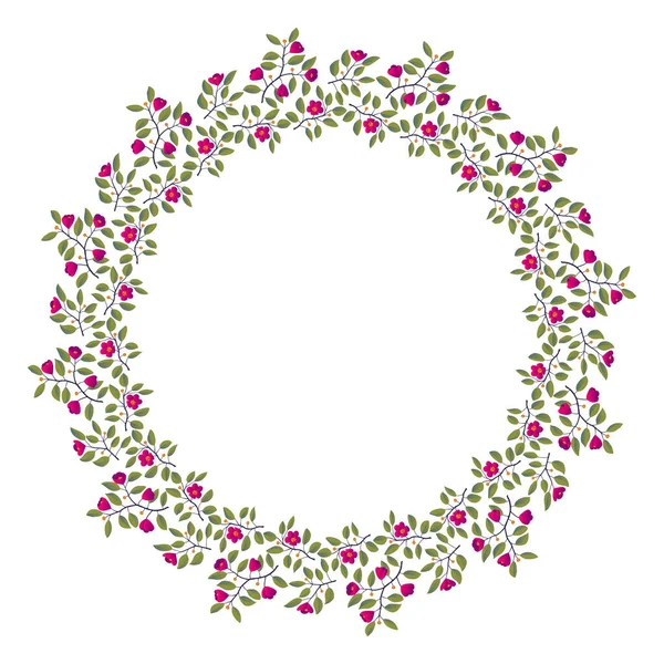 Couronne vectorielle isolée florale, branches avec feuilles et fleurs magenta brillant sur blanc — Image vectorielle