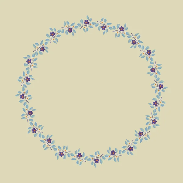 Couronne florale, branches aux feuilles et fleurs violettes sur gris clair — Image vectorielle