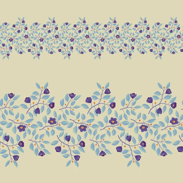 Bordure florale, branches aux feuilles et fleurs violettes sur gris clair — Image vectorielle