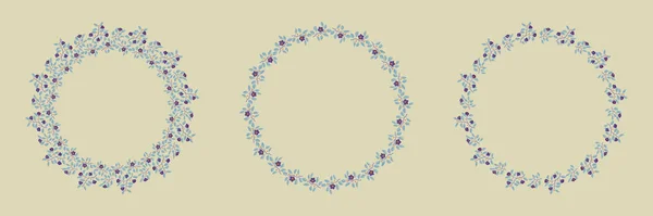 Conjunto de coronas vectoriales aisladas florales, ramas con hojas y flores púrpuras sobre gris claro — Vector de stock