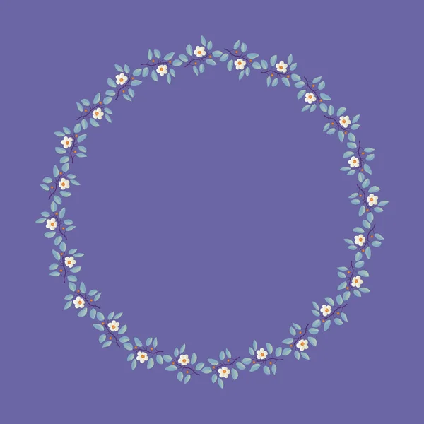 Květinový věnec, větve s tealovými listy a světle krémové květy na fialové — Stockový vektor