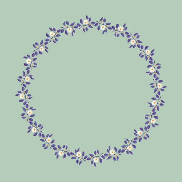 Couronne florale, branches aux feuilles violettes et fleurs crème pâle sur fond de pistache — Image vectorielle