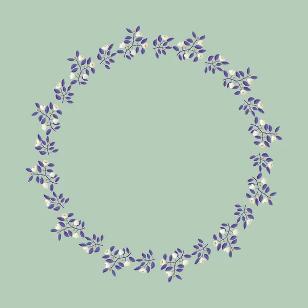 Couronne florale, branches aux feuilles violettes et fleurs crème pâle sur fond de pistache — Image vectorielle