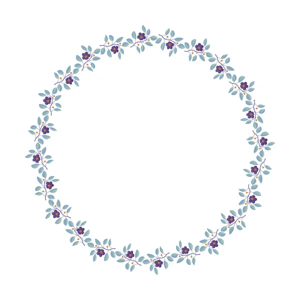 Couronne florale, branches aux feuilles de sarcelle et fleurs violettes sur blanc — Image vectorielle