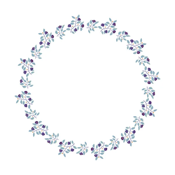 Couronne florale, branches aux feuilles de sarcelle et fleurs violettes sur blanc — Image vectorielle