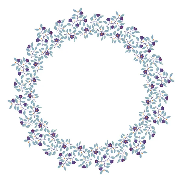 Květinový věnec, větve s tealovými listy a fialovými květy na bílém — Stockový vektor