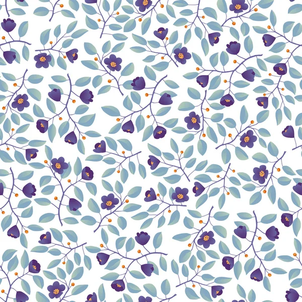 Fond floral - motif sans couture, branches aux feuilles de sarcelle et fleurs violettes sur fond blanc — Image vectorielle