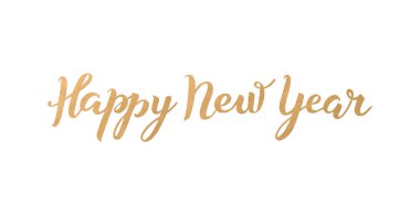 Mutlu yıllar fırça senaryosu, beyaz arka plana altın harflerle yazılmış.