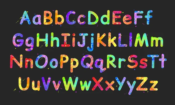 Kolorowy wektor Angielski alfabet z efektem płynnych plamek farby w żywych kolorach, izolowany na ciemnoszarym tle — Wektor stockowy