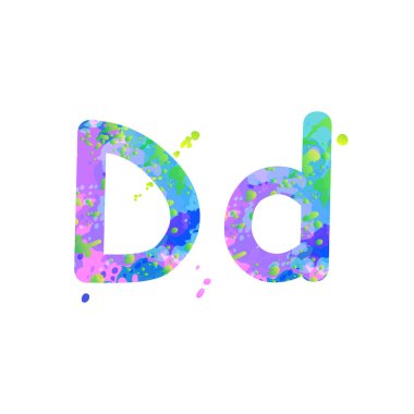 D harfleri büyük ve küçük harfler. Sıvı boya lekeleri mavi, yeşil, pembe beyaz üzerine.