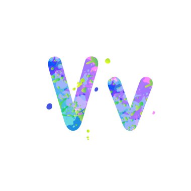 V harfleri büyük ve küçük harfler. Mavi, yeşil, pembe ve beyaz renkli sıvı boya lekeleri var.