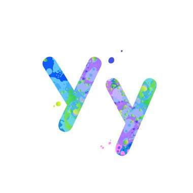 Y harfleri büyük ve küçük harfler. Sıvı boya lekeleri mavi, yeşil, pembe beyaz üzerine.
