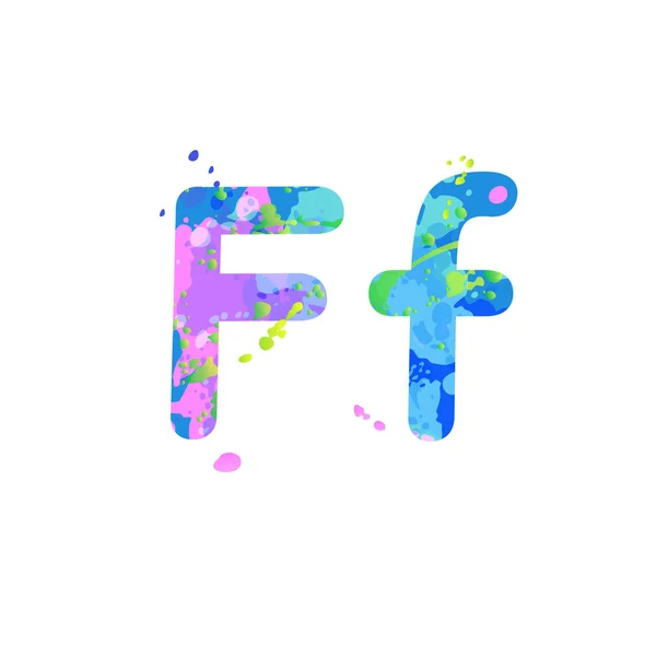 Letters F hoofdletters en kleine letters met effect van vloeibare verfvlekken in blauw, groen, roze op wit — Stockvector
