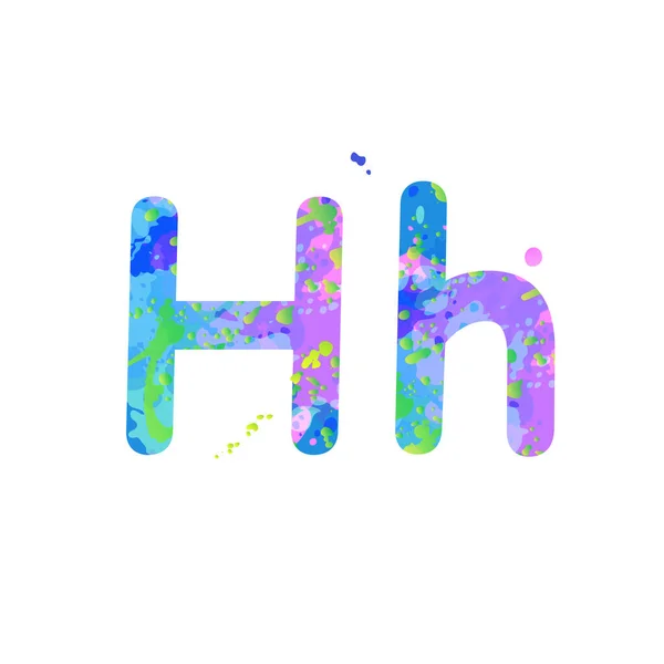 Γράμματα H κεφαλαία και πεζά με αποτέλεσμα υγρές κηλίδες χρώματος σε μπλε, πράσινο, ροζ σε λευκό — Διανυσματικό Αρχείο