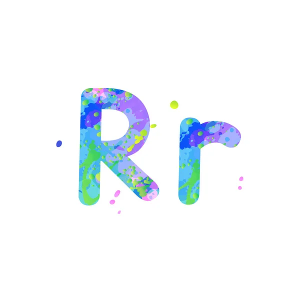 Letters R uppercase and lowercase with effect of liquid spots of paint in blue, green, pink on white — Stock Vector