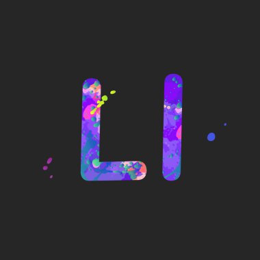 Büyük harf ve küçük harf. Mavi, mor, pembe, koyu gri renkli sıvı boya lekeleri var.