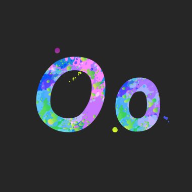 Büyük ve küçük harfler. Mavi, yeşil ve pembe renkli sıvı boya lekeleri koyu gri renkte.