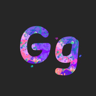 Büyük harf ve küçük harf. Mavi, mor, pembe renkli sıvı boya lekeleri koyu gri renkte.