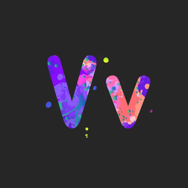Γράμματα V κεφαλαία και πεζά με αποτέλεσμα υγρές κηλίδες χρώματος σε μπλε, μωβ, ροζ χρώματα, που απομονώνονται σε σκούρο γκρι — Διανυσματικό Αρχείο